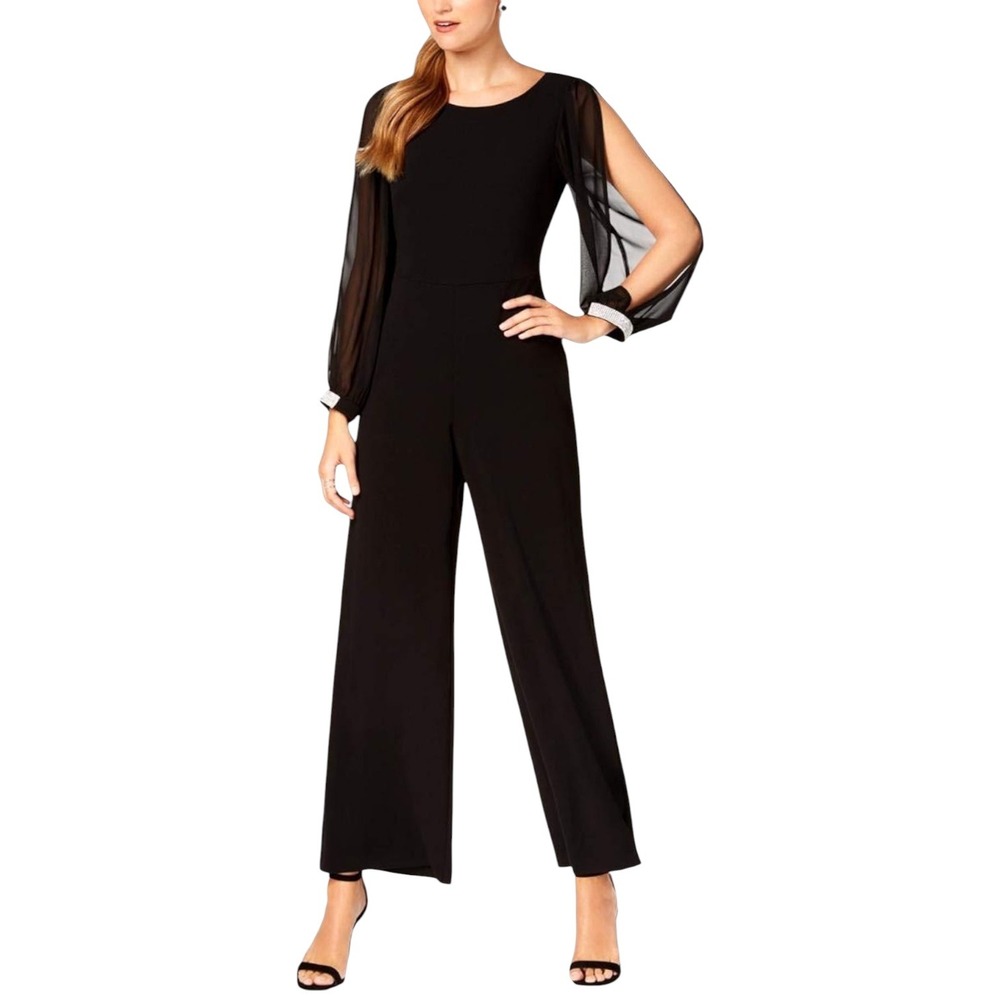 Connected Apparel Black‎ Wide Leg Jumpsuit Rhinestone Cold Shoulder Size 16 NWT